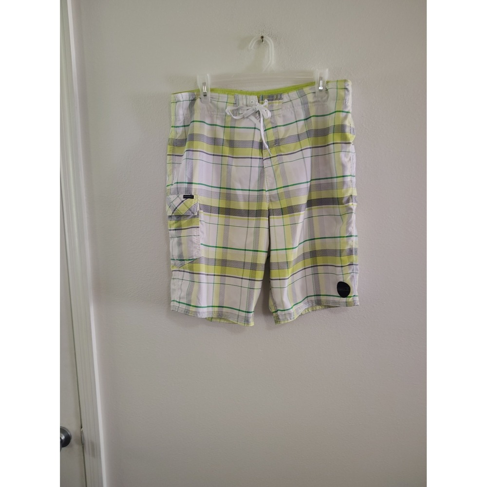 ONeill Mens Plaid Board Shorts Lime Green White‎ Grey Cargo Pocket Size 34
